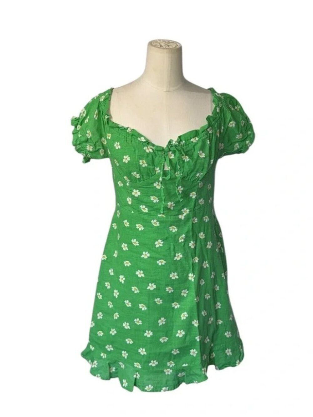 Urban Outfitters Womens Green Daisy Floral Flounce Mini Dress Tie Front - Sz M - Picture 8 of 8